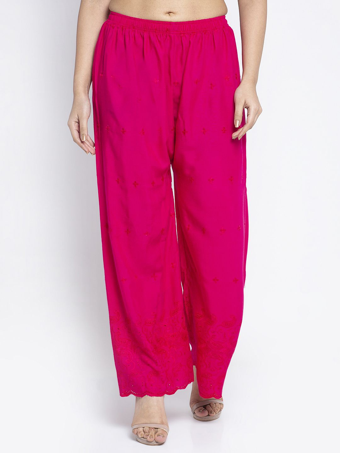

Jinfo Women Floral Embroidered Knitted Palazzos, Pink