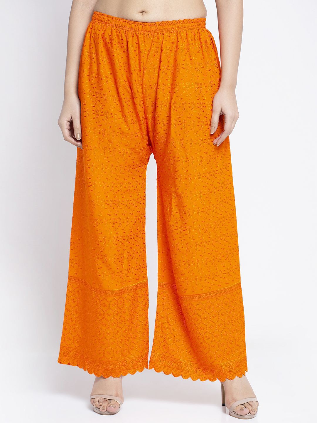 

Jinfo Women Floral Embroidered Knitted Palazzos, Orange
