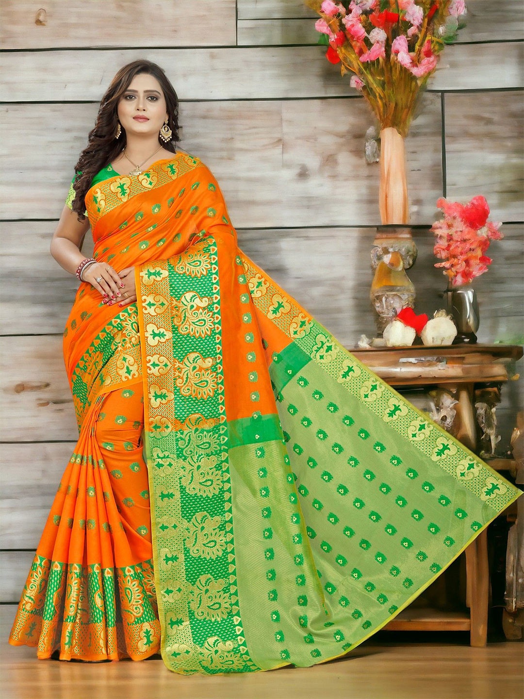

CARTYSHOP Woven Design Zari Silk Blend Banarasi Saree, Orange