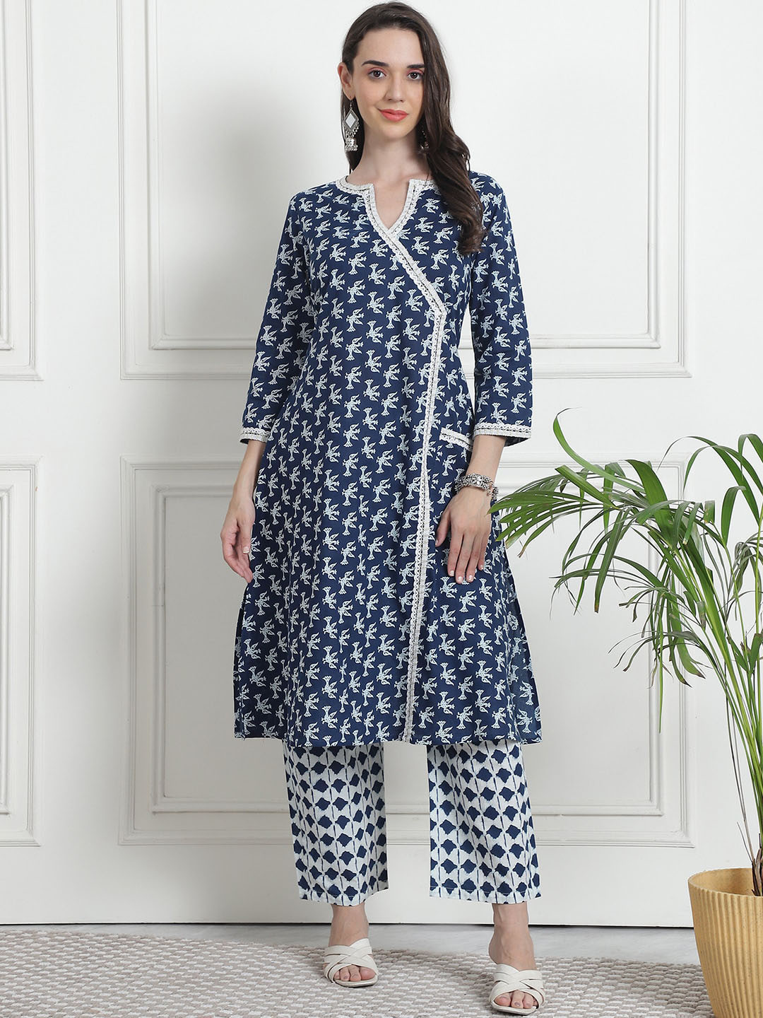 

KALINI Women Printed Angrakha Thread Work Pure Cotton Kurta with Palazzos, Navy blue