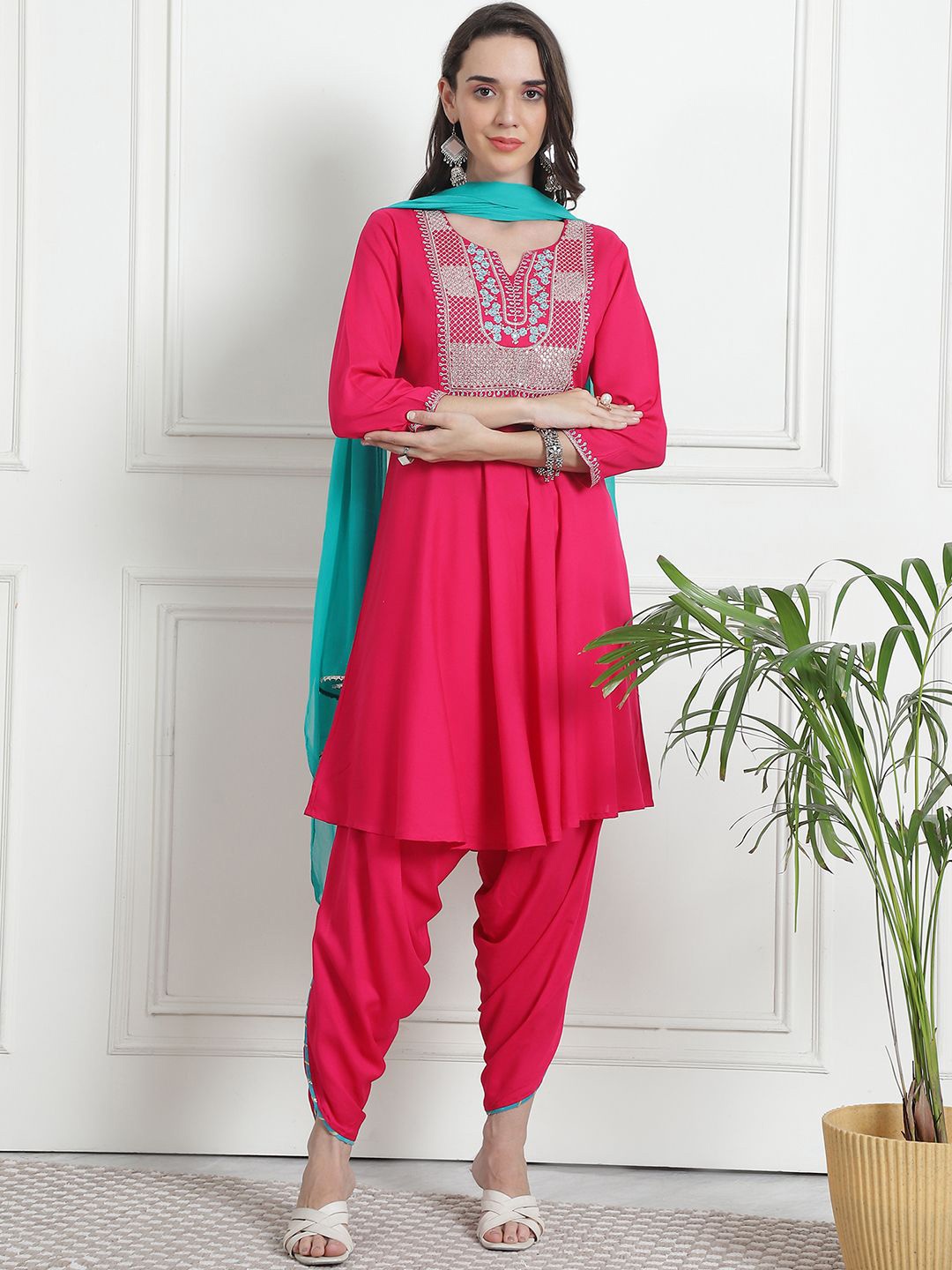 KALINI Women Ethnic Motifs Yoke Design Angrakha Kurta with Dhoti Pants & With Dupatta, Pink