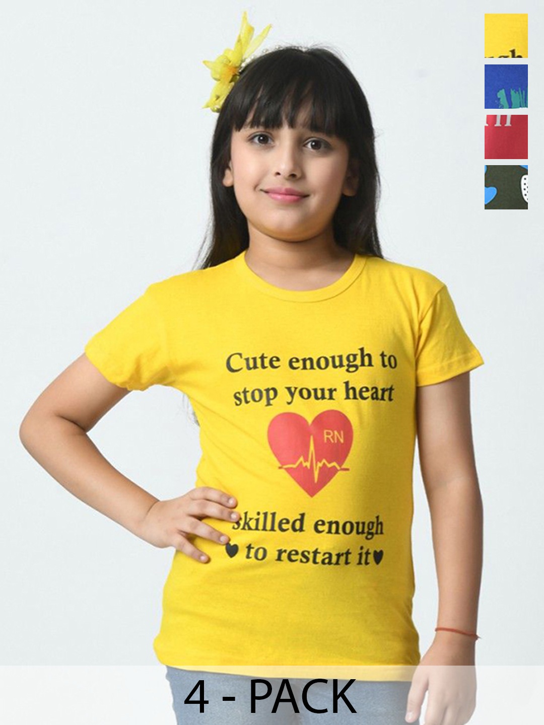 

BAESD Girls Typography Pack of 4 Printed Pockets T-shirt, Yellow