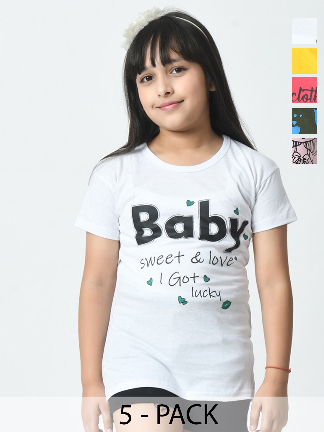 BAESD Girls Typography Pack of 5 Printed Applique T-shirt, White