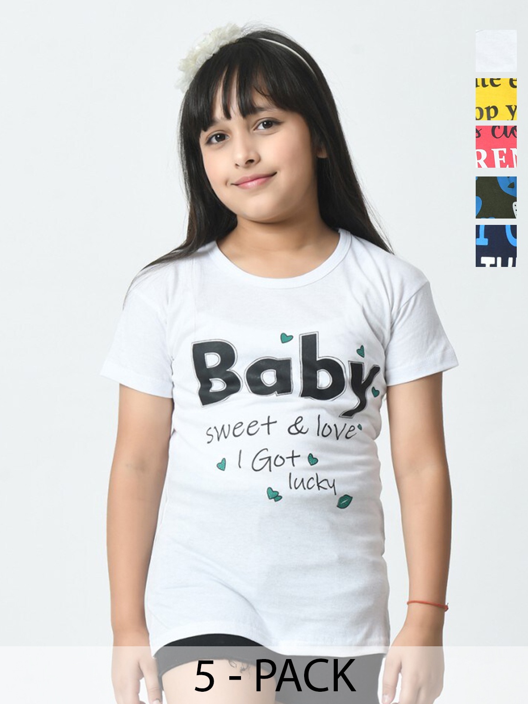 

BAESD Pack of 5 Girls Typography Printed Applique T-shirt, White