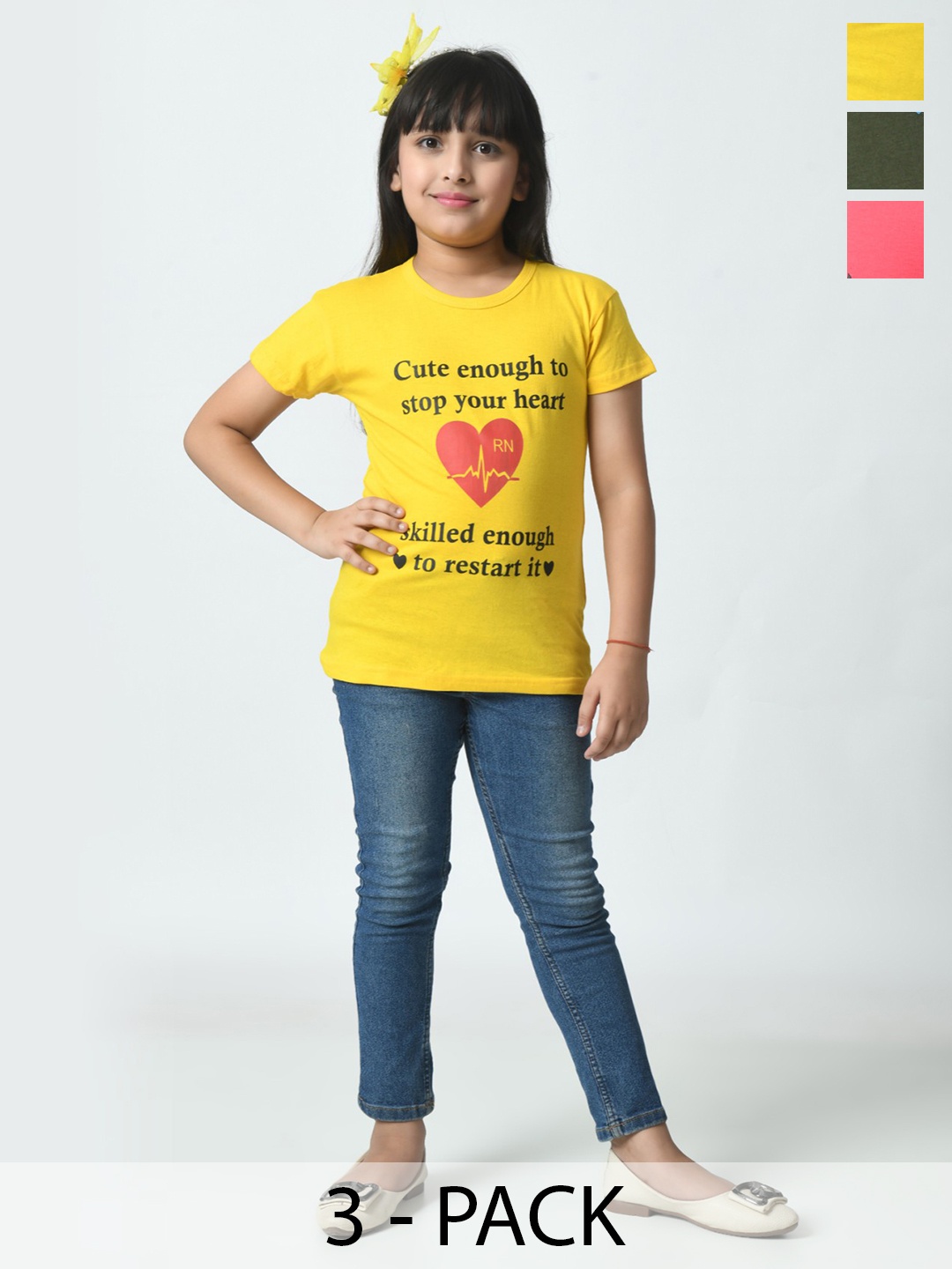 

BAESD Girls Pack of 3 Typography Printed T-shirt, Yellow