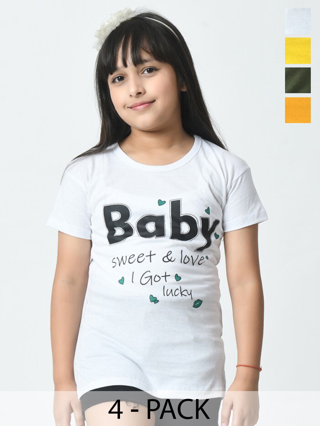 

BAESD Pack of 4 Girls Typography Printed Raw Edge T-shirt, White