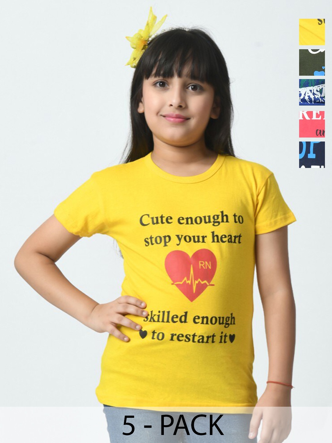 

BAESD Pack of 5 Girls Typography Printed Pockets T-shirt, Yellow