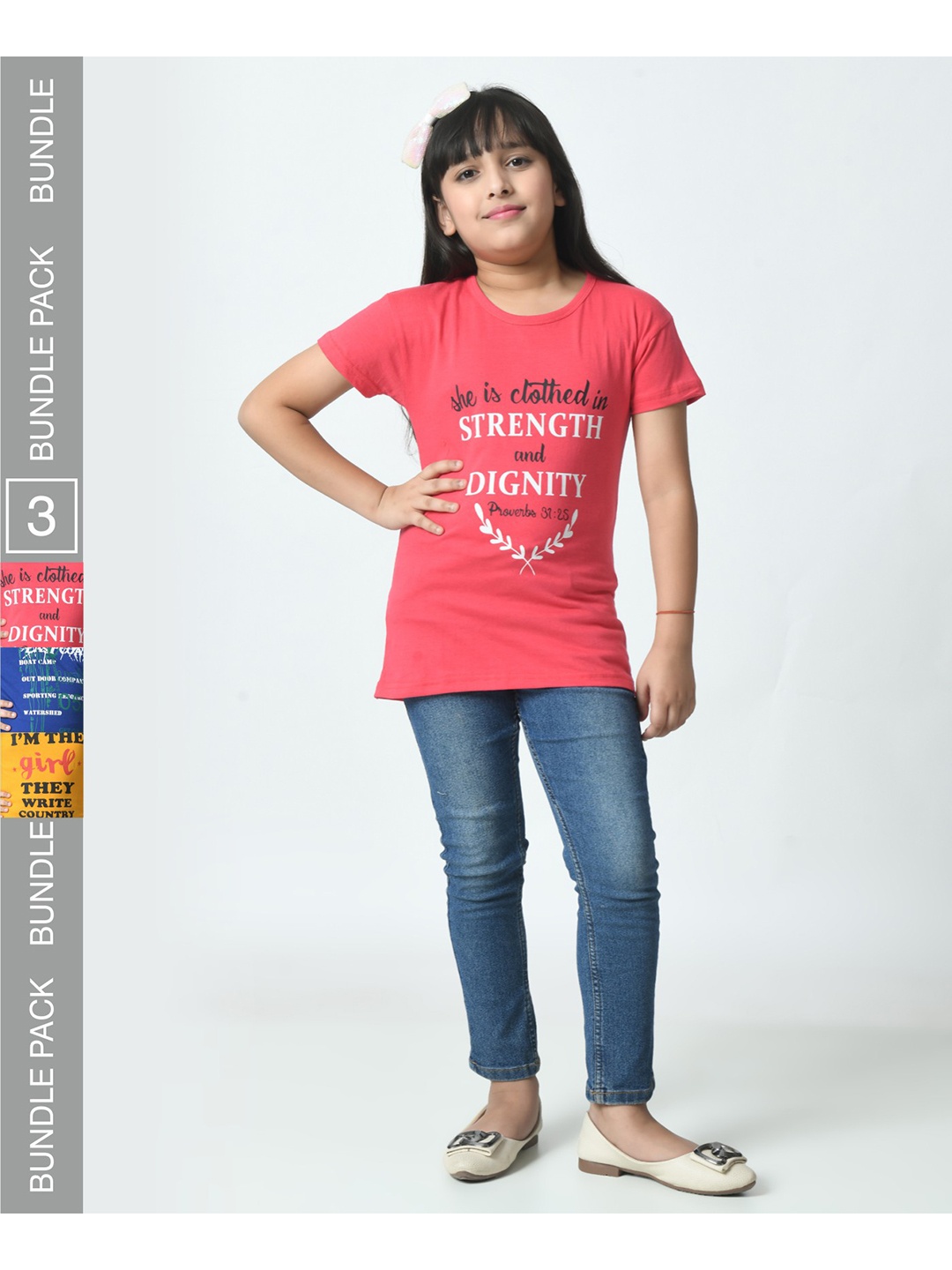 

BAESD Girls Pack of 3 Typography Printed Applique Pure Cotton T-shirt, Pink