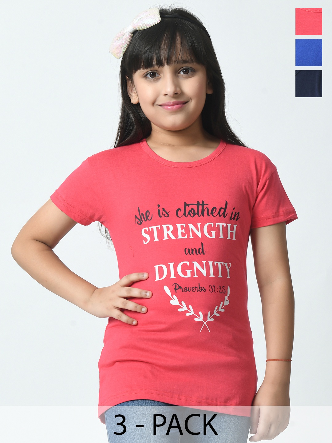 

BAESD Girls Pack of 3 Typography Printed Applique Pure Cotton T-shirt, Pink