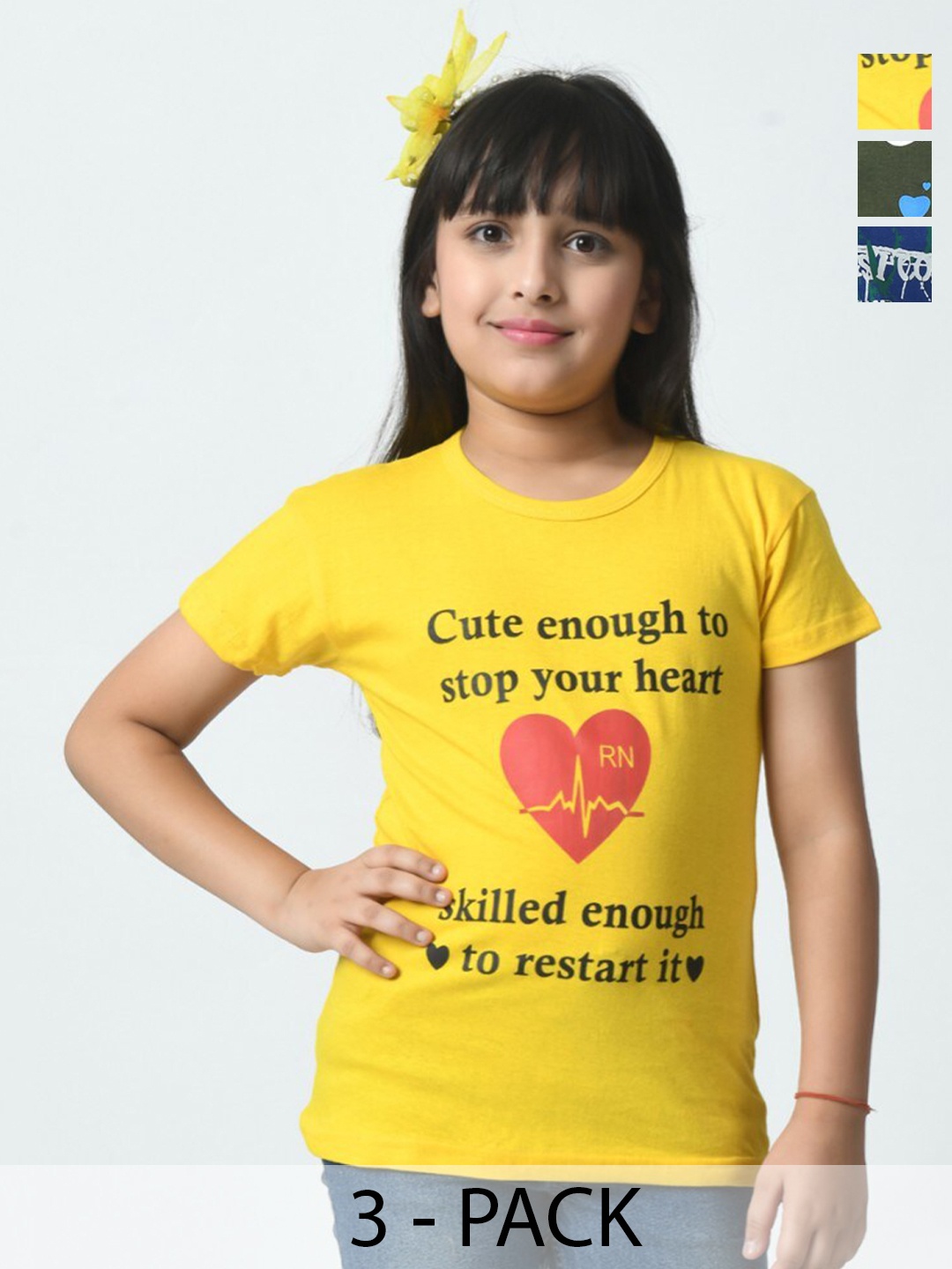 BAESD Girls Typography 3 Printed Pockets T-shirt, Yellow