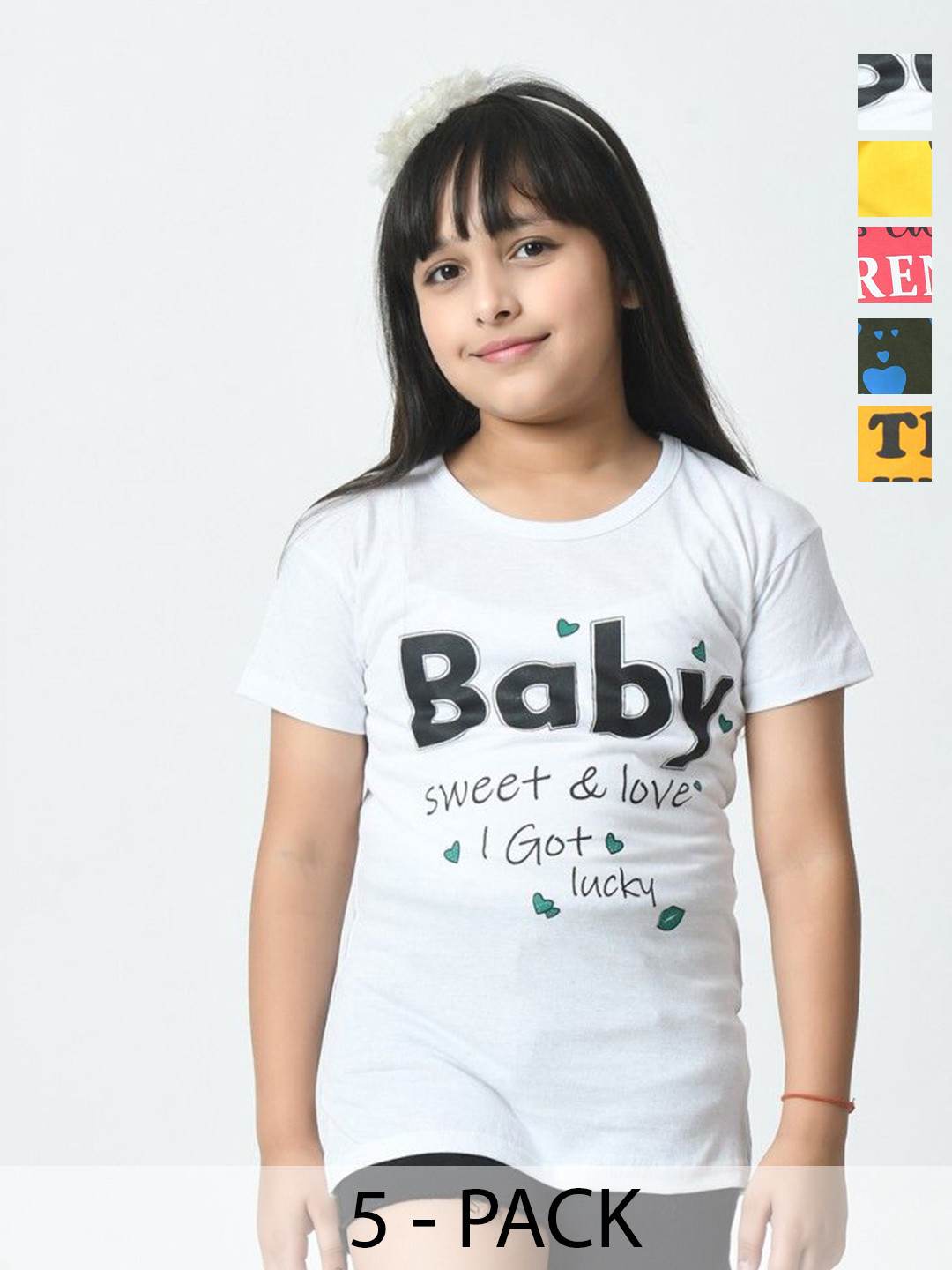 

BAESD Pack of 5 Girls Typography Printed Applique T-shirt, White