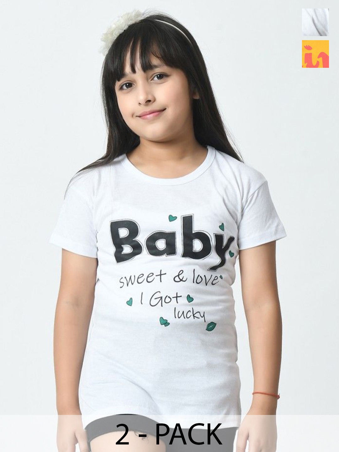 

BAESD Pack of 2 Girls Typography Printed Raw Edge T-shirt, White