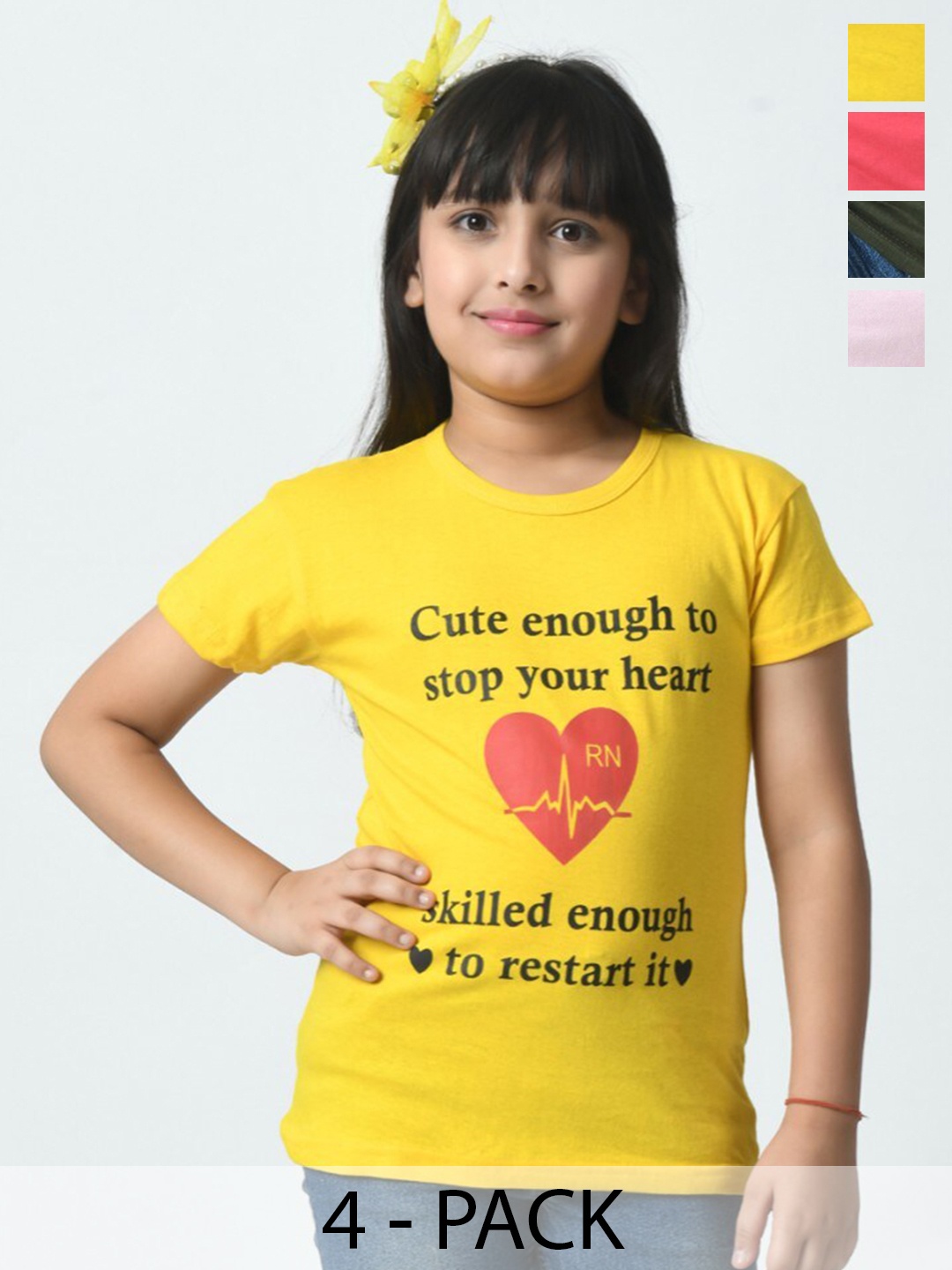 

BAESD Pack Of 4 Girls Chest Printed Half Sleeves Applique T-shirt, Multi