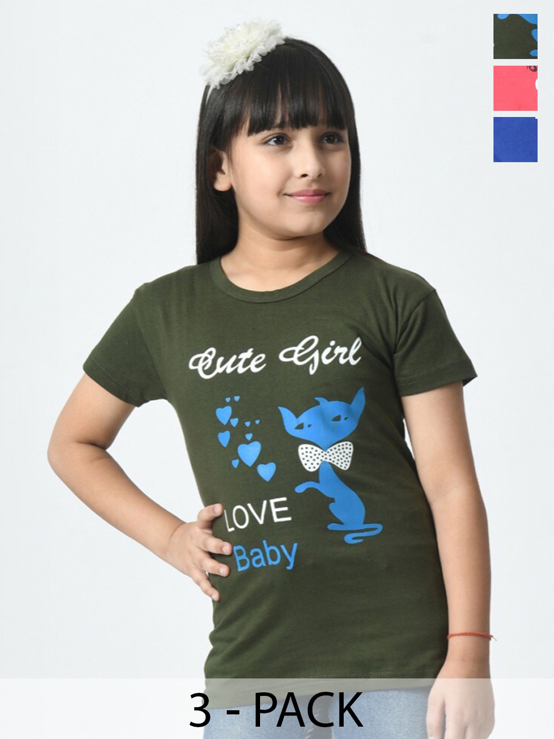 

BAESD Girls 3 Printed Applique cotton T-shirt, Multi