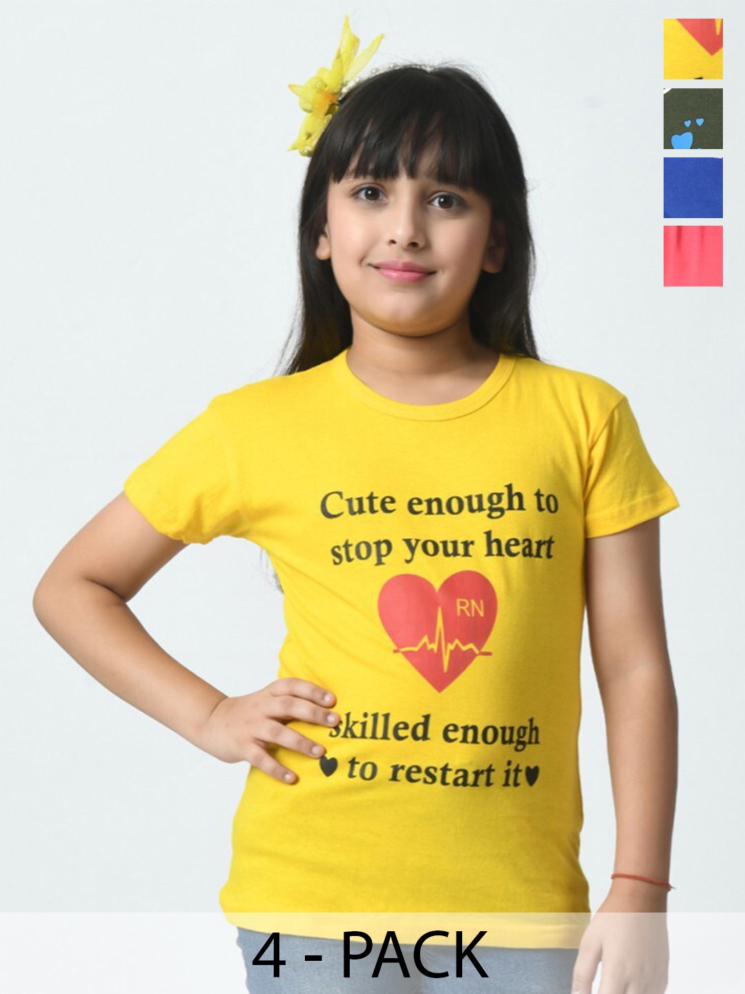 

BAESD Girls Typography Pack of 5 Printed T-shirt, Yellow