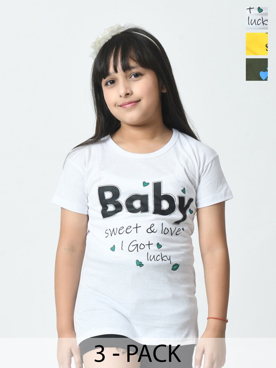 

BAESD Pack Of 3 Girls Chest Printed Half Sleeves Applique T-shirt, Multi
