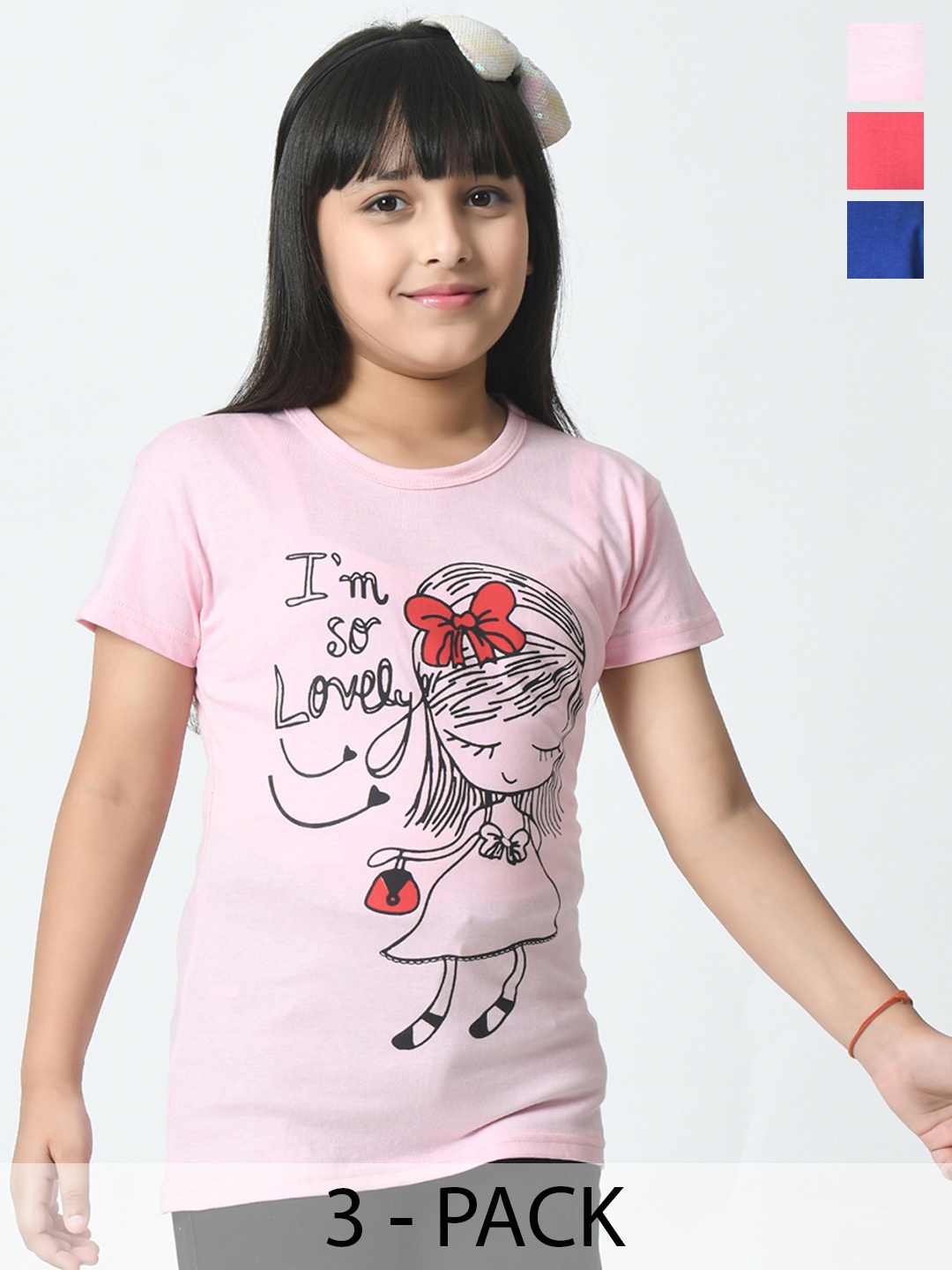 

BAESD Girls Pack of 3 Typography Printed Applique T-shirt, Pink