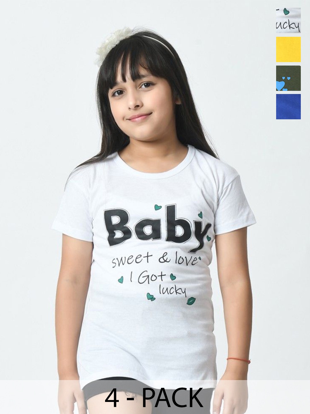 

BAESD Pack of 4 Girls Typography Chest Printed Half Sleeves T-shirt, Multi