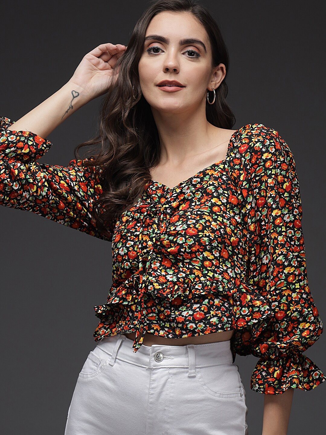 

TANDUL Floral Printed Tie-Up Neck Bell Sleeve Cotton Crepe Top, Black