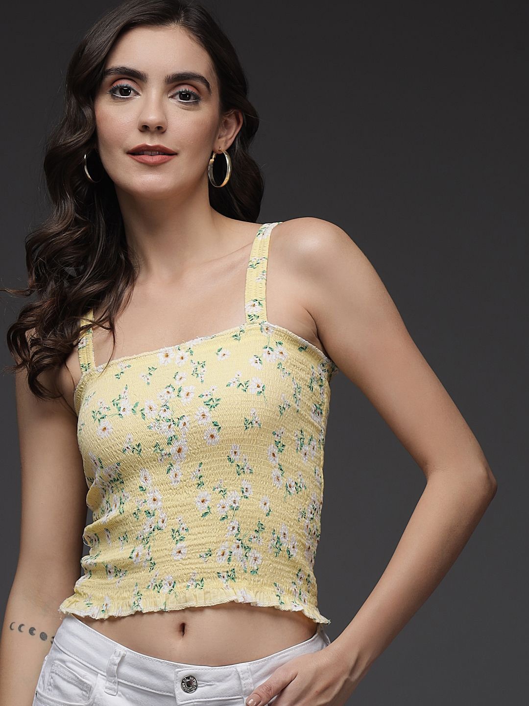 

TANDUL Floral Print Pure Cotton Crepe Crop Top, Yellow