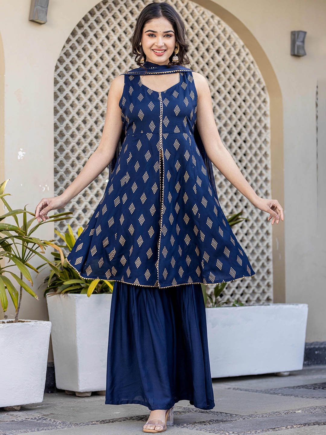 

Shedika Women Ethnic Motifs Printed Regular Kurta with Palazzos & With Dupatta, Blue