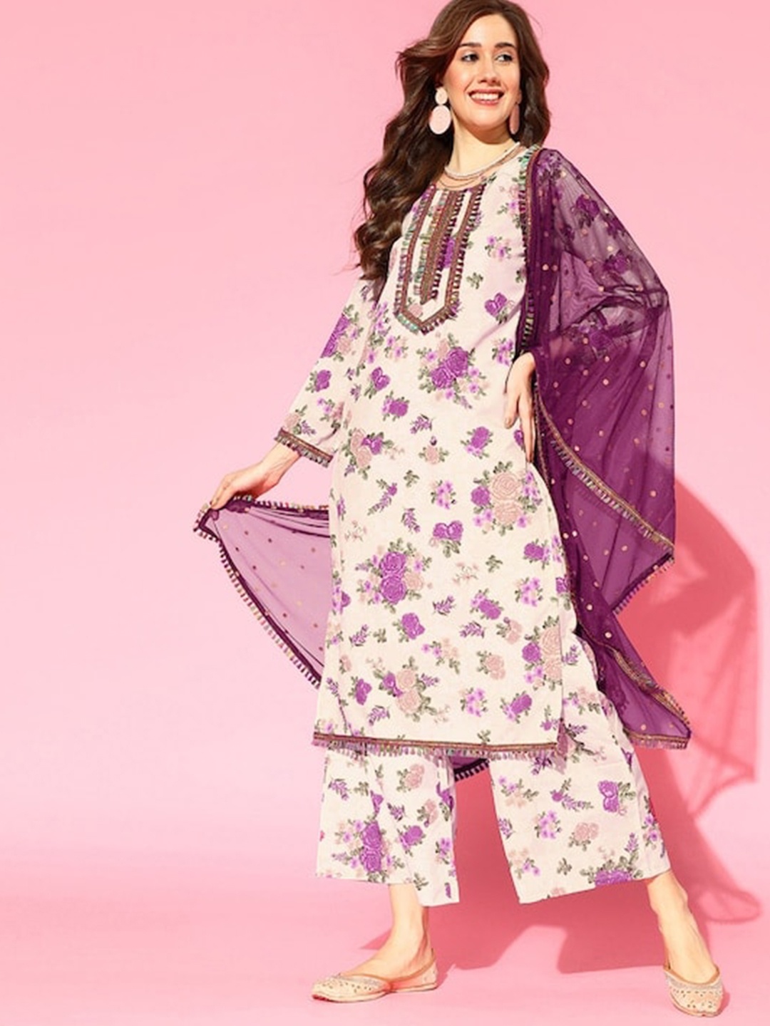 

Shedika Women Floral Printed Regular Gotta Patti Kurta with Palazzos & With Dupatta, White