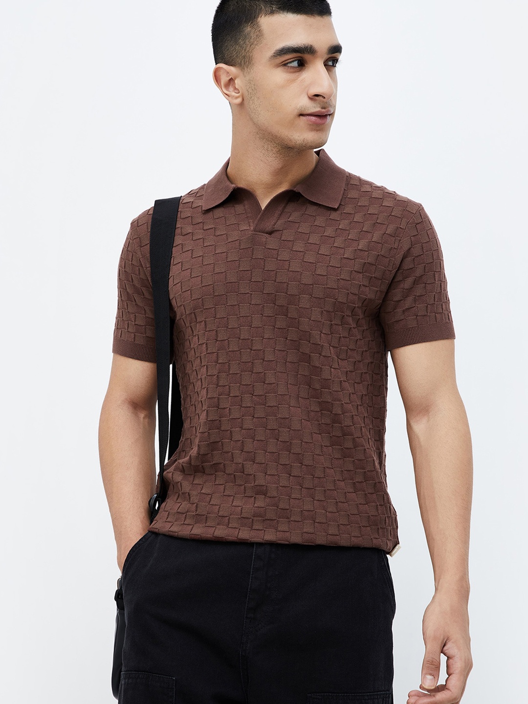 

Forca by Lifestyle Men Striped Polo Collar Pockets T-shirt, Brown