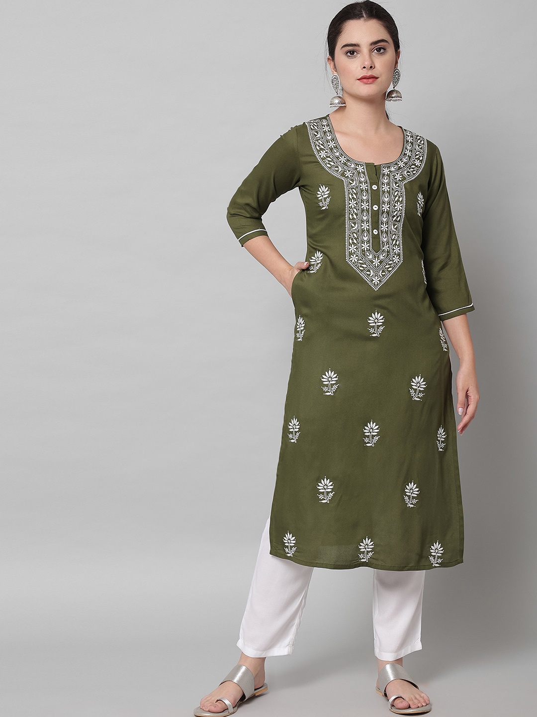 ANGITA Women Ethnic Motifs Embroidered Thread Work Kurta, Olive