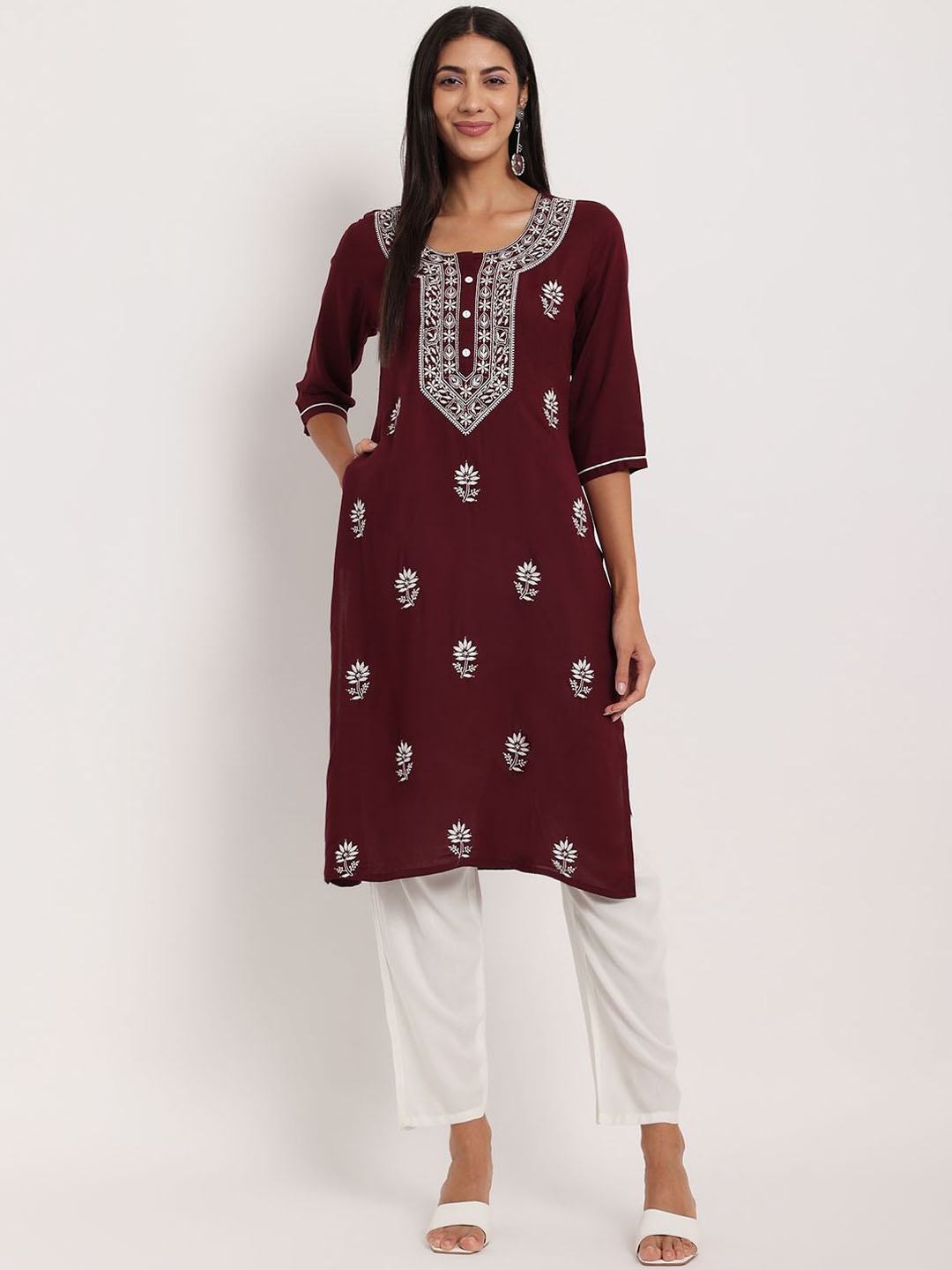 

ANGITA Women Ethnic Motifs Embroidered Flared Sleeves Mirror Work Floral Kurta, Maroon