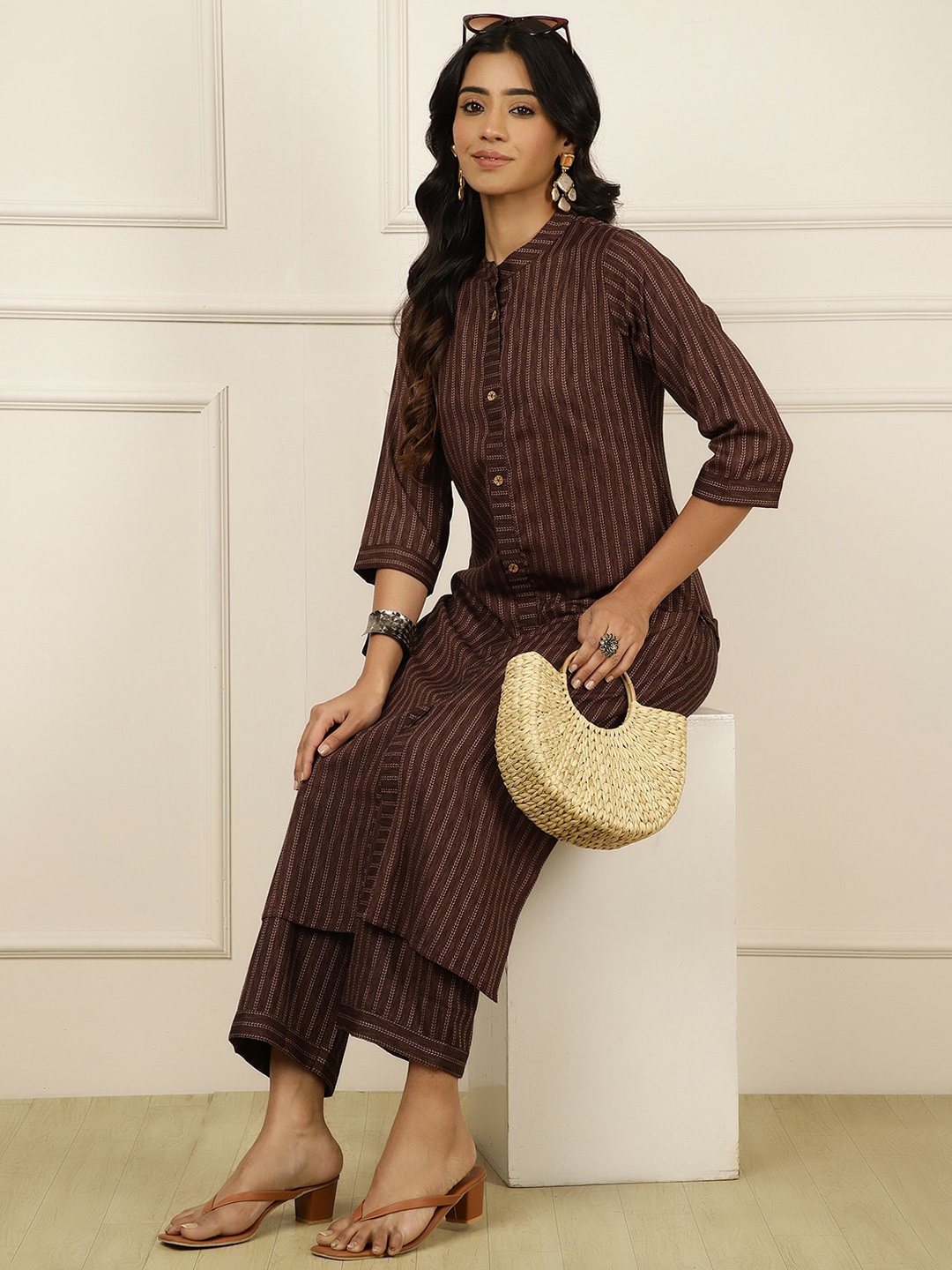 

Jaipur Kurti Women Striped Regular Kurta with Palazzos, Brown