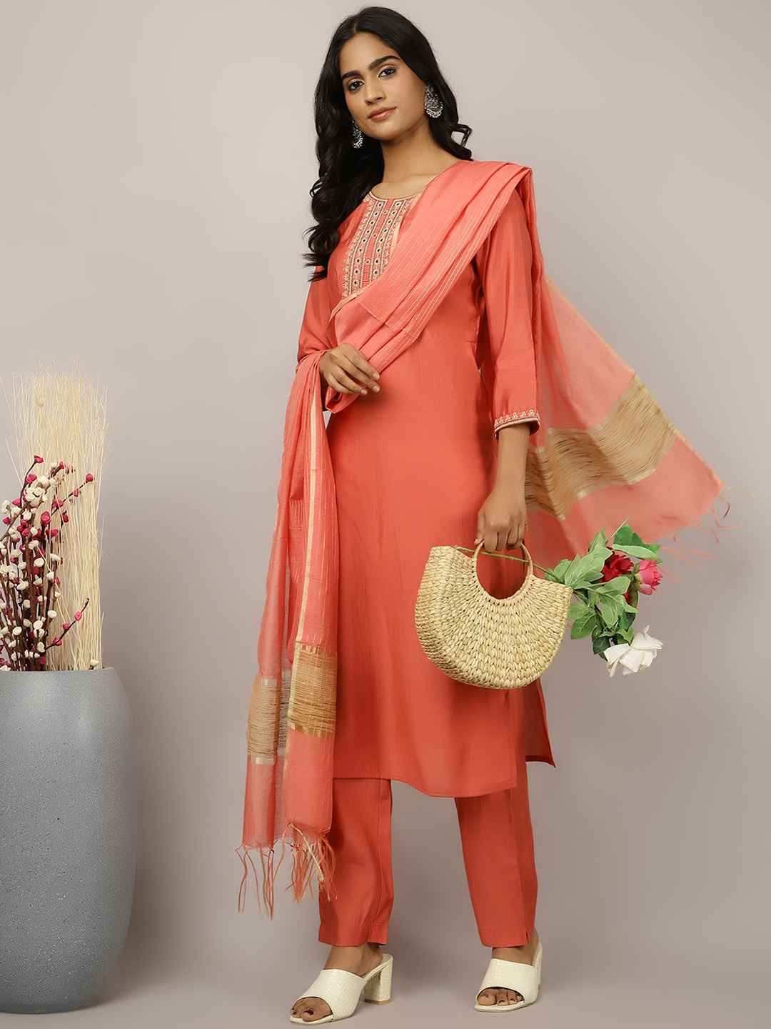 

Jaipur Kurti Women Yoke Design Regular Thread Work Kurta with Trousers & With Dupatta, Coral