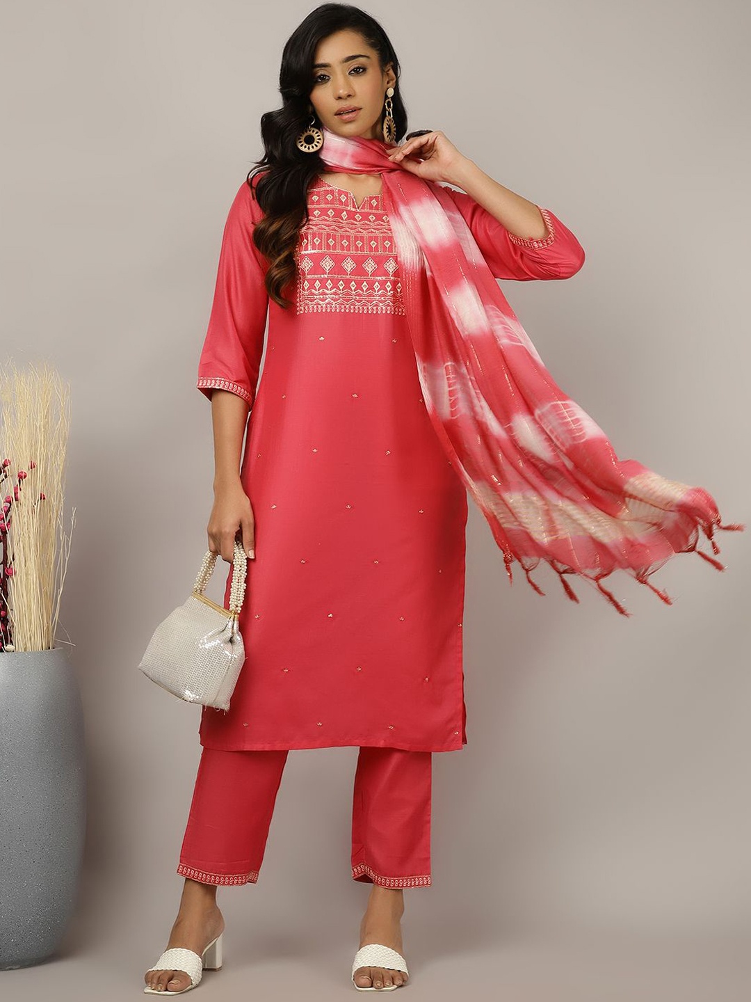 

Jaipur Kurti Women Ethnic Motifs Yoke Design Thread Work Kurta Trousers With Dupatta, Coral