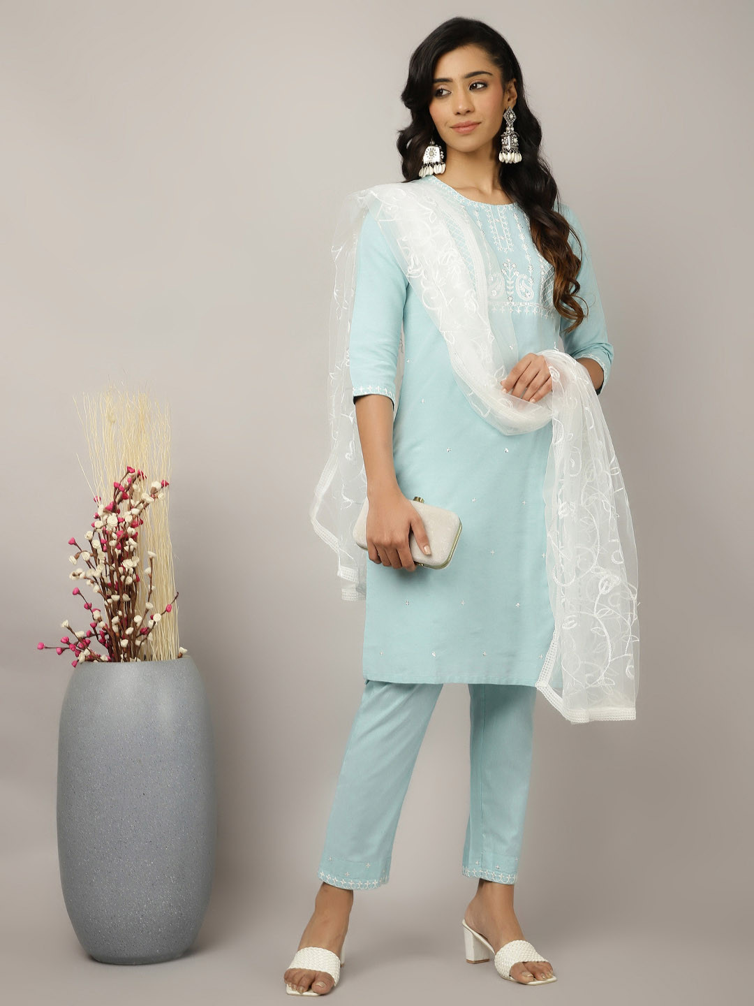 

Jaipur Kurti Women Paisley Yoke Design Pure Cotton Kurta with Trousers & With Dupatta, Blue