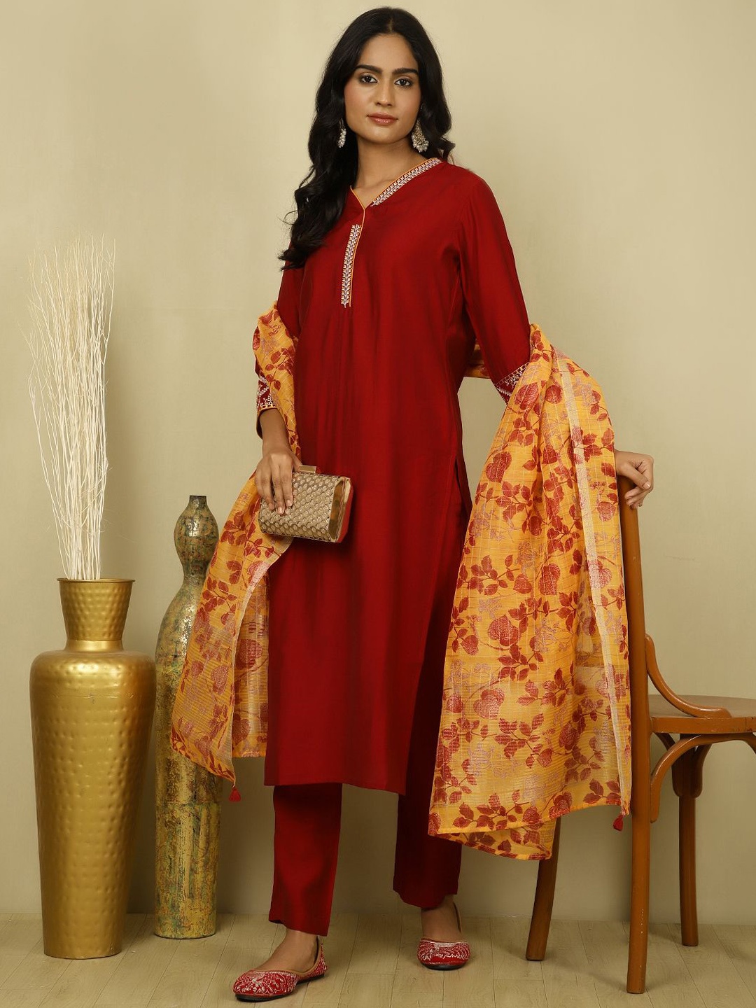 

Jaipur Kurti Women Embroidered Thread Work Kurta with Trousers & With Dupatta, Maroon