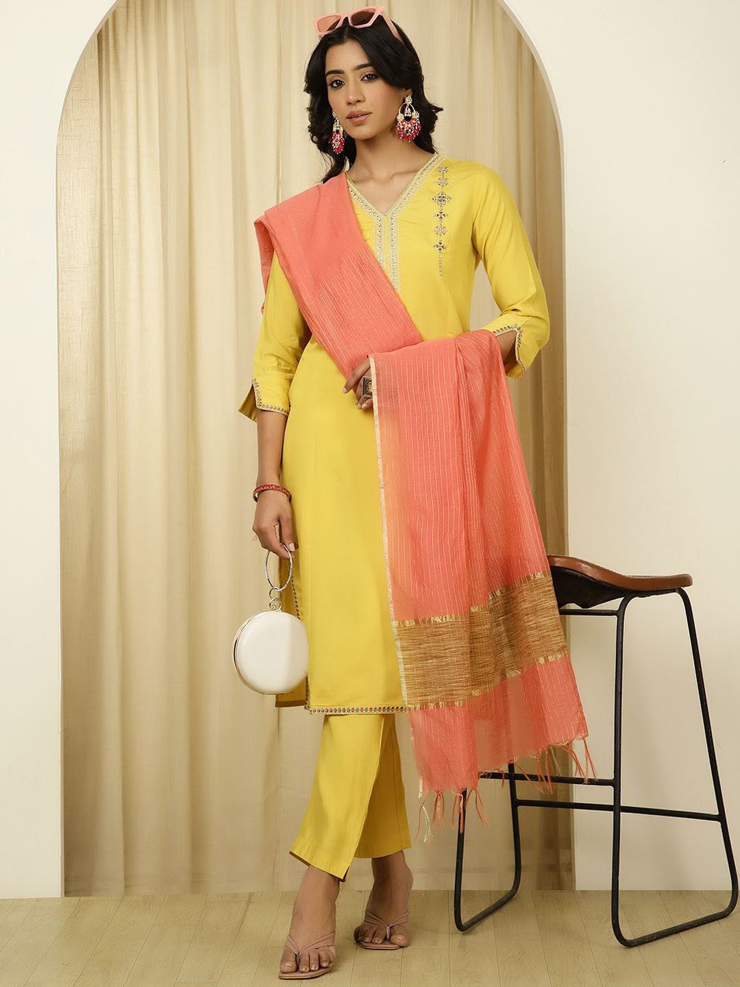 

Jaipur Kurti Women Yoke Design Regular Thread Work Kurta Trousers With Dupatta, Mustard