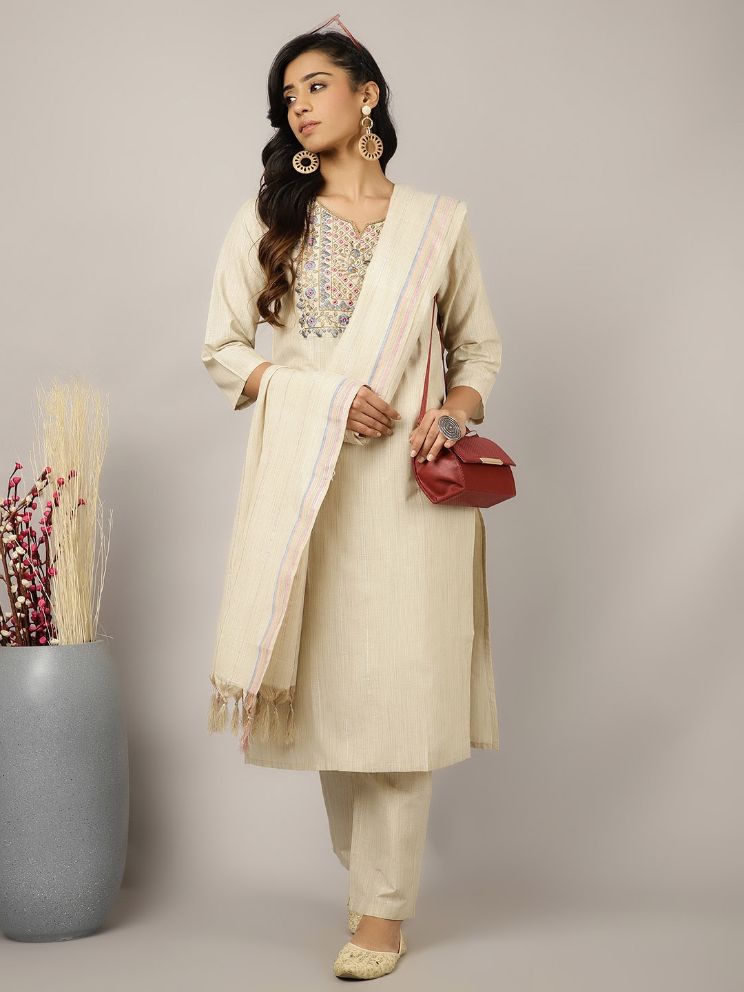

Jaipur Kurti Women Yoke Design Regular Mirror Work Pure Cotton Kurta Trousers With Dupatta, Beige