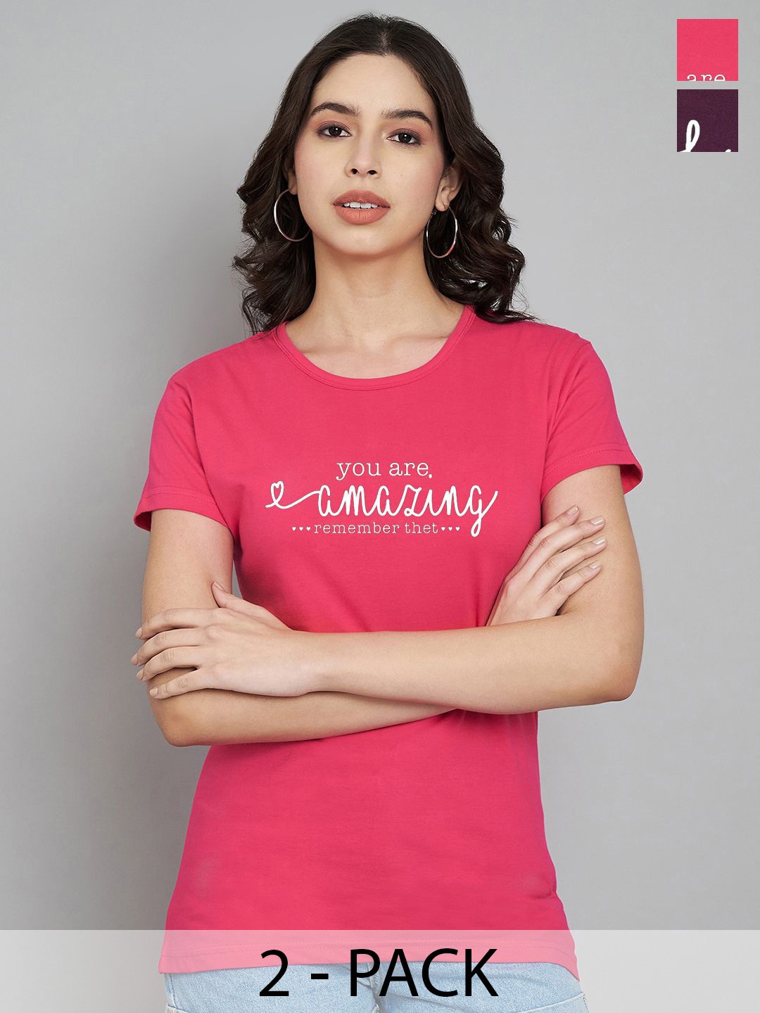 Trend Level Pack of 2 Women Typography Printed Applique T-shirt, Magenta
