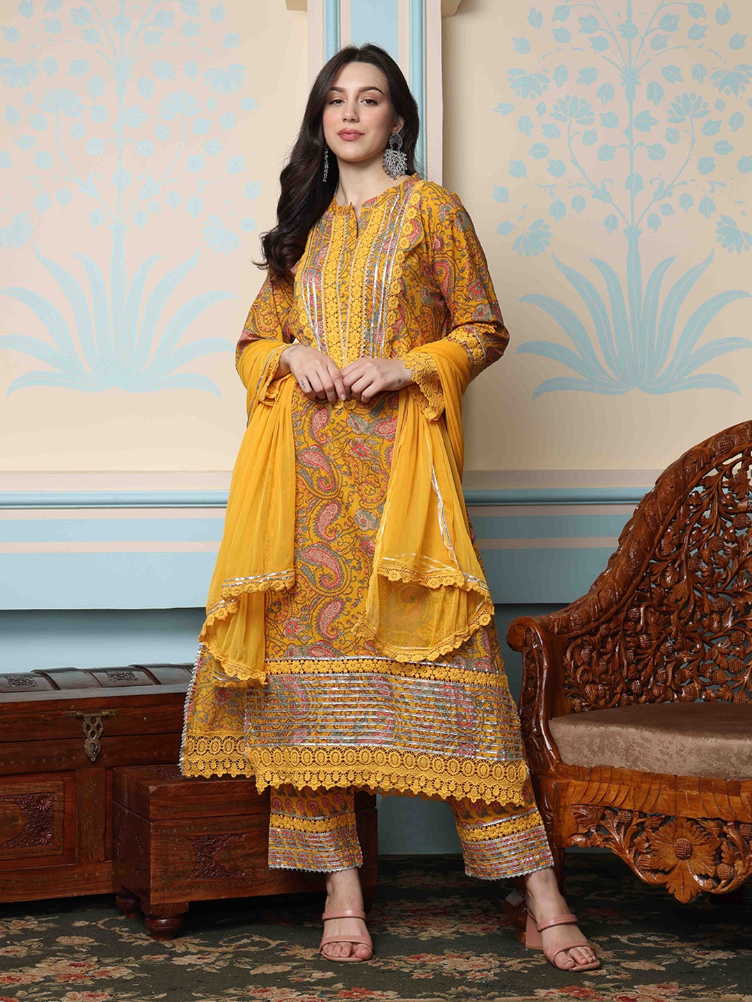Ishin Women Floral Printed Regular Thread Work Kurta with Trousers & With Dupatta, Mustard
