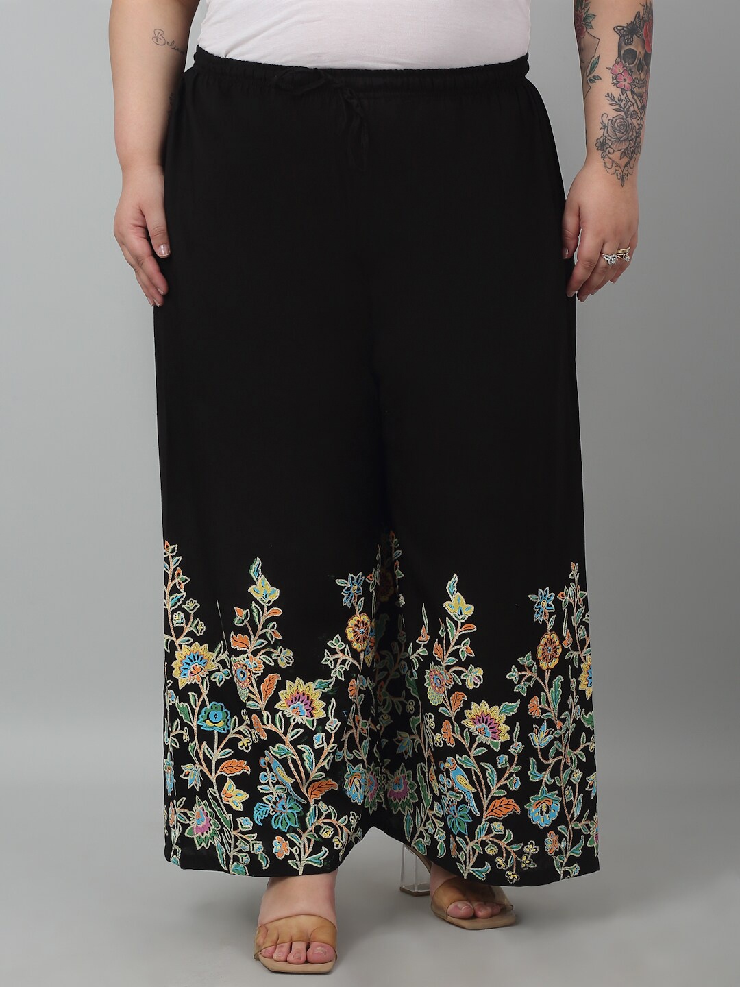 

Trend Level Women Floral Printed Knitted Ethnic Palazzos, Black