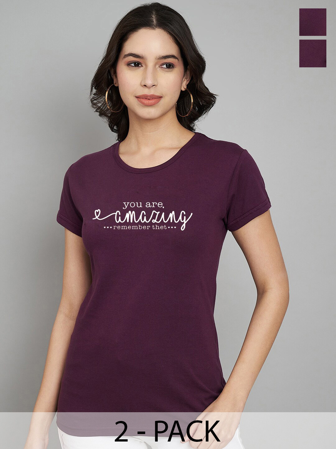 

Trend Level Pack of 2 Women Typography Printed T-shirt, Burgundy