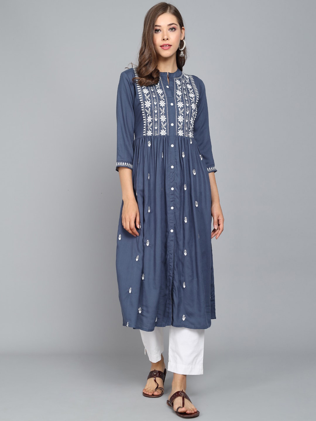 

ANGITA Women Embroidered Thread Work A-line Kurta, Grey