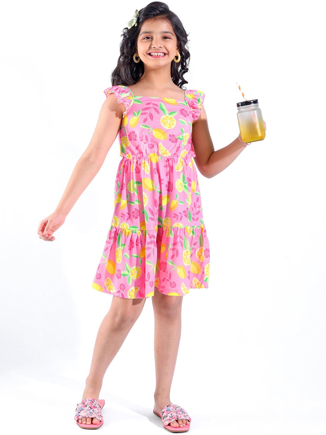 

Hola Bonita Floral Print Flutter Sleeve Fit & Flare Dress, Pink