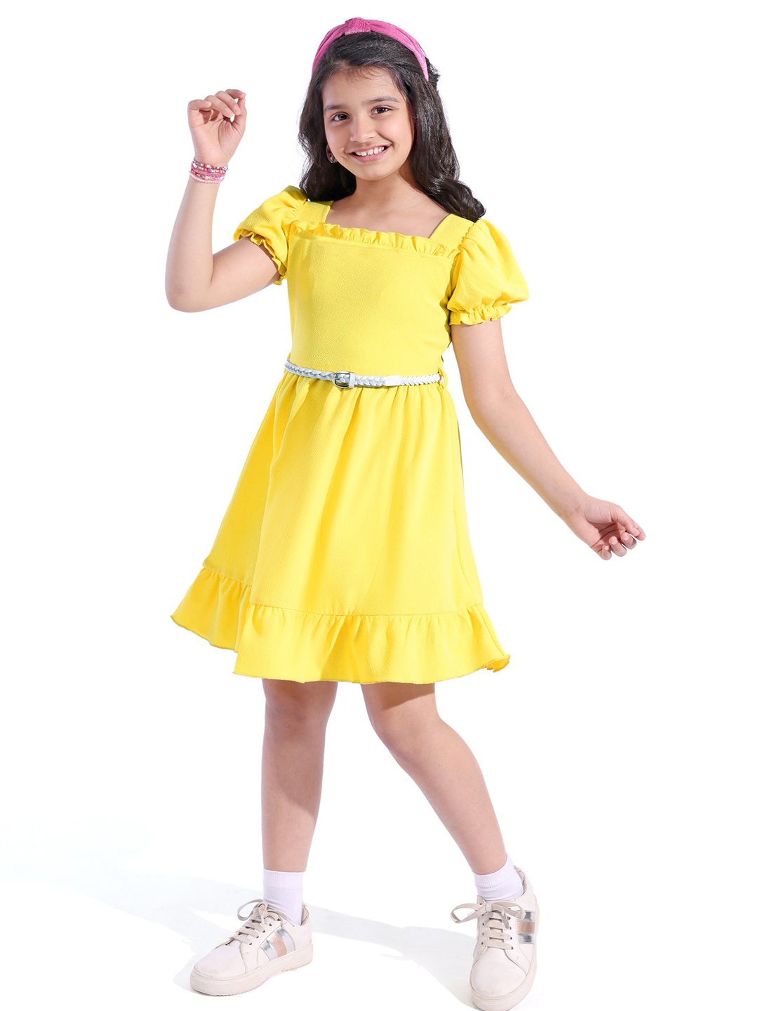 

Hola Bonita girls Puff Sleeve Fit & Flare Dress, Yellow