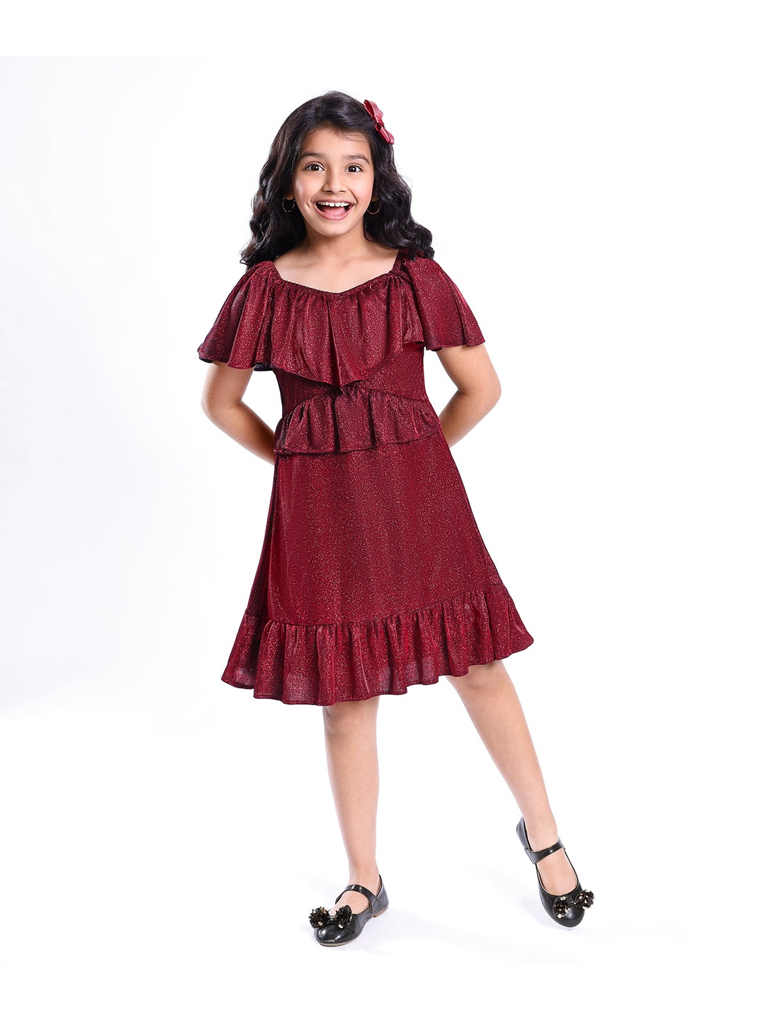 

Hola Bonitab Girls Flared Sleeves Peplum Dress, Red