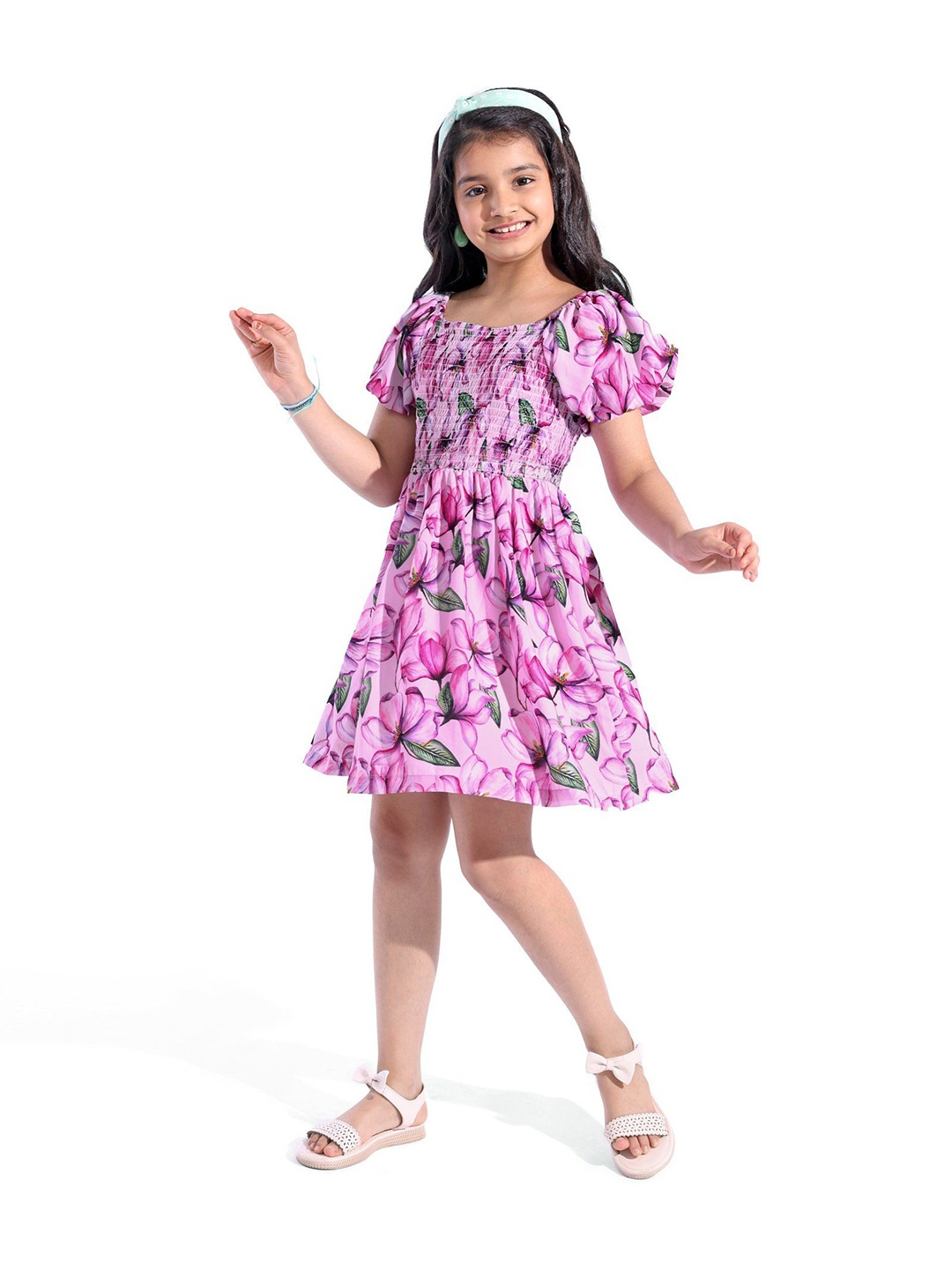 

Hola Bonita Floral Print Puff Sleeve Fit & Flare Dress, Pink