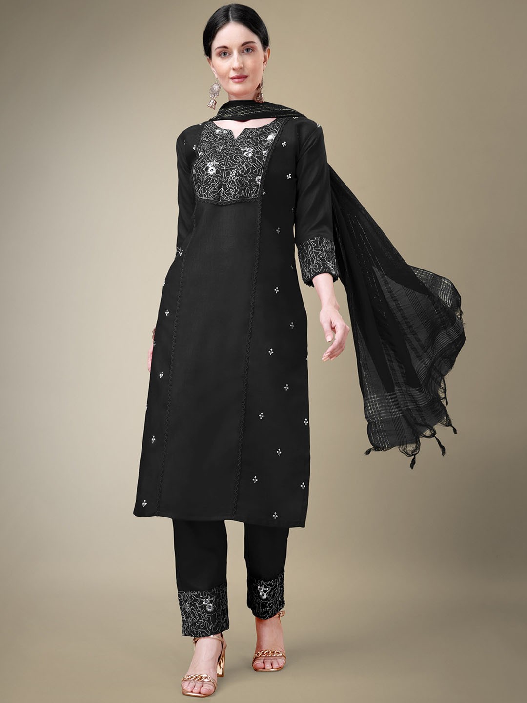 

devkison Designer Women Ethnic Motifs Embroidered Thread Work Kurta Churidar With Dupatta, Black