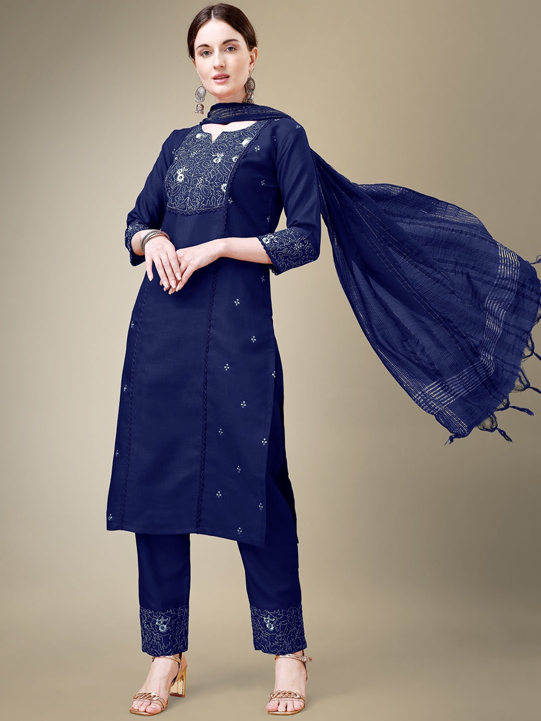 

devkison Women Ethnic Motifs Embroidered Regular Thread Work Kurta Trousers With Dupatta, Navy blue