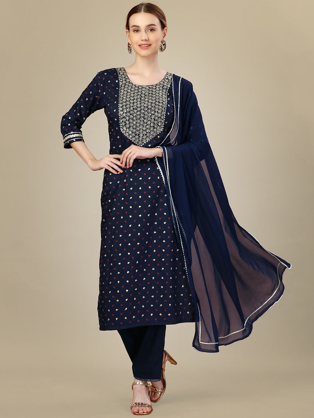 

devkison Women Ethnic Motifs Printed Regular Sequinned Kurta Trousers With Dupatta, Navy blue