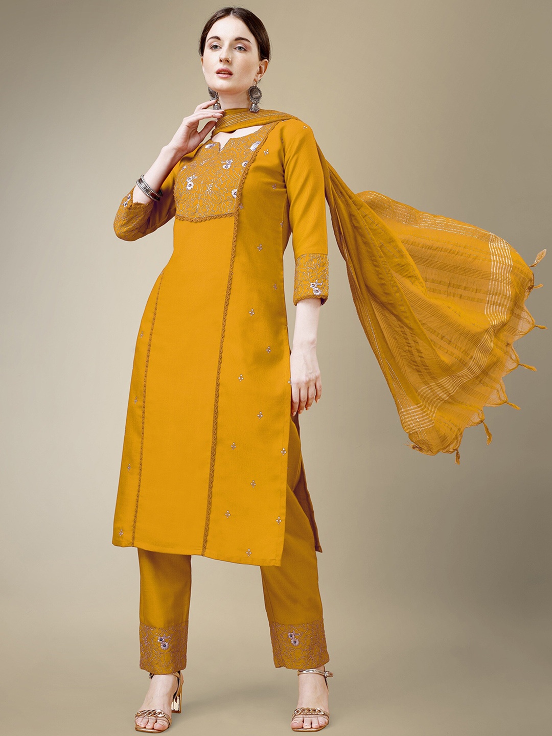 

devkison Designer Women Ethnic Motifs Embroidered Thread Work Kurta Trousers With Dupatta, Yellow