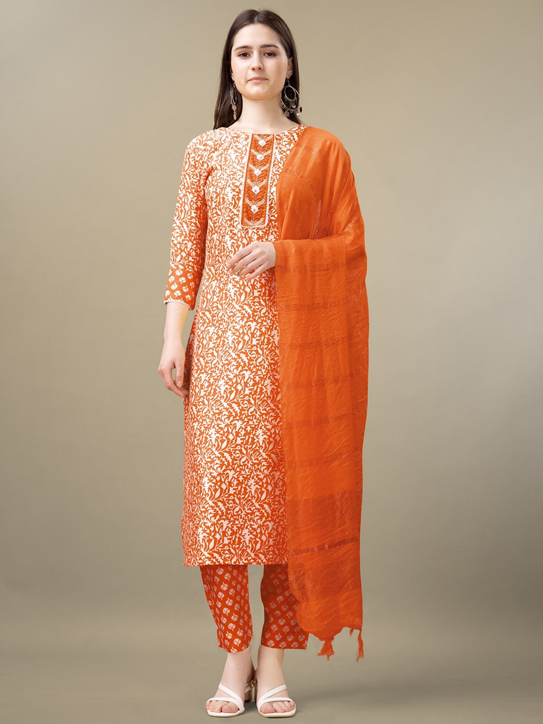 

devkison Women Ethnic Motifs Embroidered Regular Kurta Churidar With Dupatta, Orange